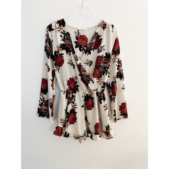 Honey Belle Tan Floral Long Sleeve Surplice Romper Size Small - Picture 1 of 7